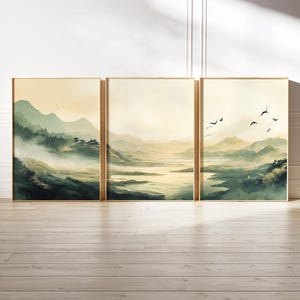 Japandi Olivgrün Wand Kunst 3er Set, traditionelle japanische Stadt Landschaft druckbare Galeriekunst, dunkelgrüne Bürodekoration, Instant Download Bild 1