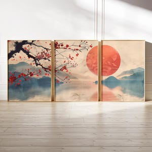 Kirschblüte Wand Kunst Set von 3, Zen Japandi Wand-Dekor, warmer Holzschnitt Landschaftskunst, minimalistisches Interieur Wohnzimmer sofortiger Download