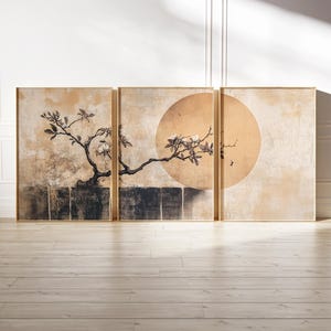 Minimalist Earthy Japandi Wall Art Set of 3, Beige & Brown Japanese Tree Printable Gallery Wall, Neutral Abstract Sun Art, Instant Download