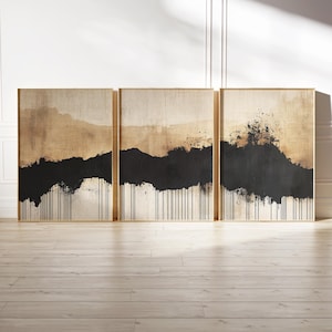 Juego de 3 piezas de arte mural abstracto japonés, tríptico imprimible en beige neutro y negro, decoración minimalista con paisaje texturizado, descarga instantánea imagen 1
