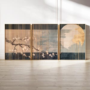Minimalist Neutral Japandi Style Wall Art Set of 3, Japanese Cherry Blossom Printable Wall Decor, Abstract Golden Sun Art, Instant Download