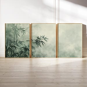 Sage Green Japandi Wall Art Set of 3 | Minimalist Botanical Digital Prints