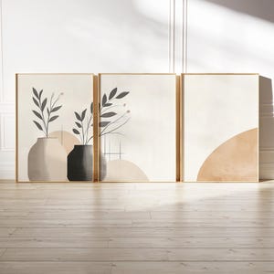 Minimalist Beige Japandi Wall Art Set of 3, Abstract Japanese Plant Pots Printable, Neutral Poster Print, Zen Home Decor, Instant Download