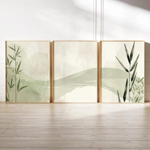 Minimalist bamboo wall art set of 3 prints in soft green tones, Japandi style botanical decor, neutral zen printable artwork