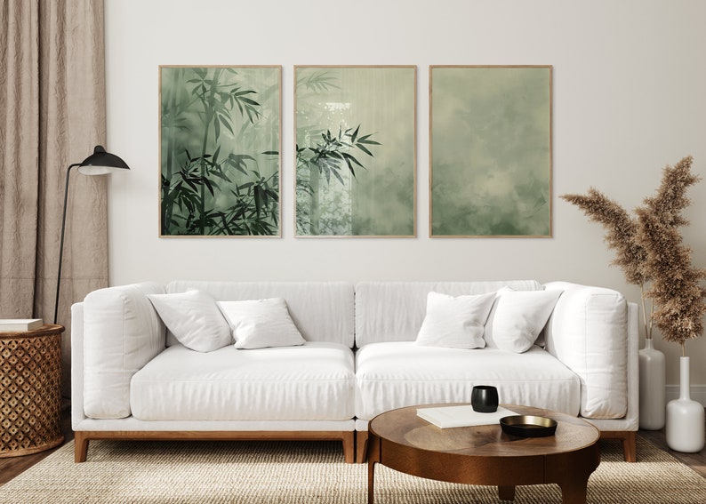 Sage Green Japandi Wall Art Set of 3 | Minimalist Botanical Digital ...