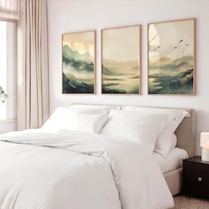 Japandi Olivgrün Wand Kunst 3er Set, traditionelle japanische Stadt Landschaft druckbare Galeriekunst, dunkelgrüne Bürodekoration, Instant Download Bild 3