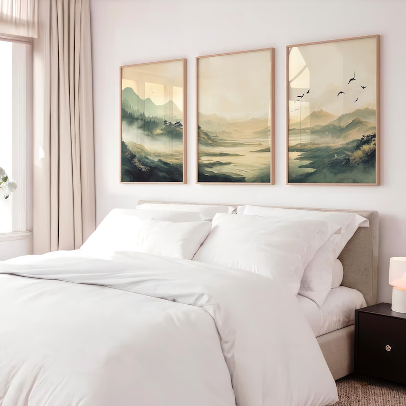 Japandi Olivgrün Wand Kunst 3er Set, traditionelle japanische Stadt Landschaft druckbare Galeriekunst, dunkelgrüne Bürodekoration, Instant Download Bild 3