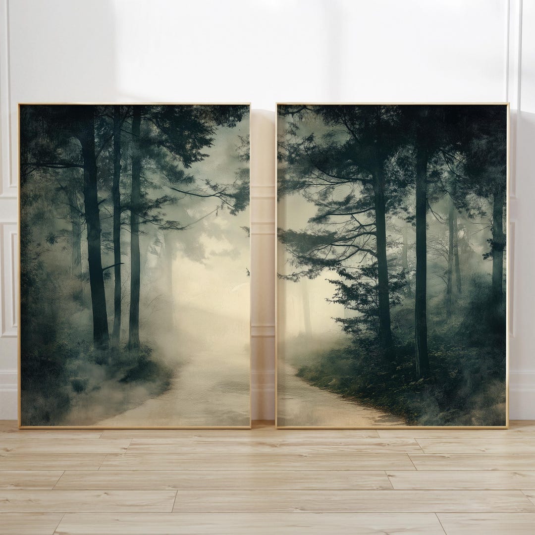 Moody Forest Wall Art Set of 2 – Misty Woodland Print, Foggy Path ...