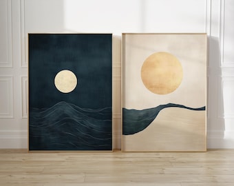 Japandi Wall Art Set of 2, Printable Sun & Moon Diptych, Minimalist Landscape in Navy and Sand Tones, Zen Abstract Art, Instant Download