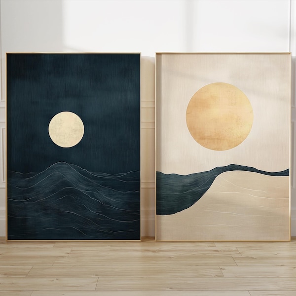 Japandi Wall Art Set of 2, Printable Sun & Moon Diptych, Minimalist Landscape in Navy and Sand Tones, Zen Abstract Art, Instant Download
