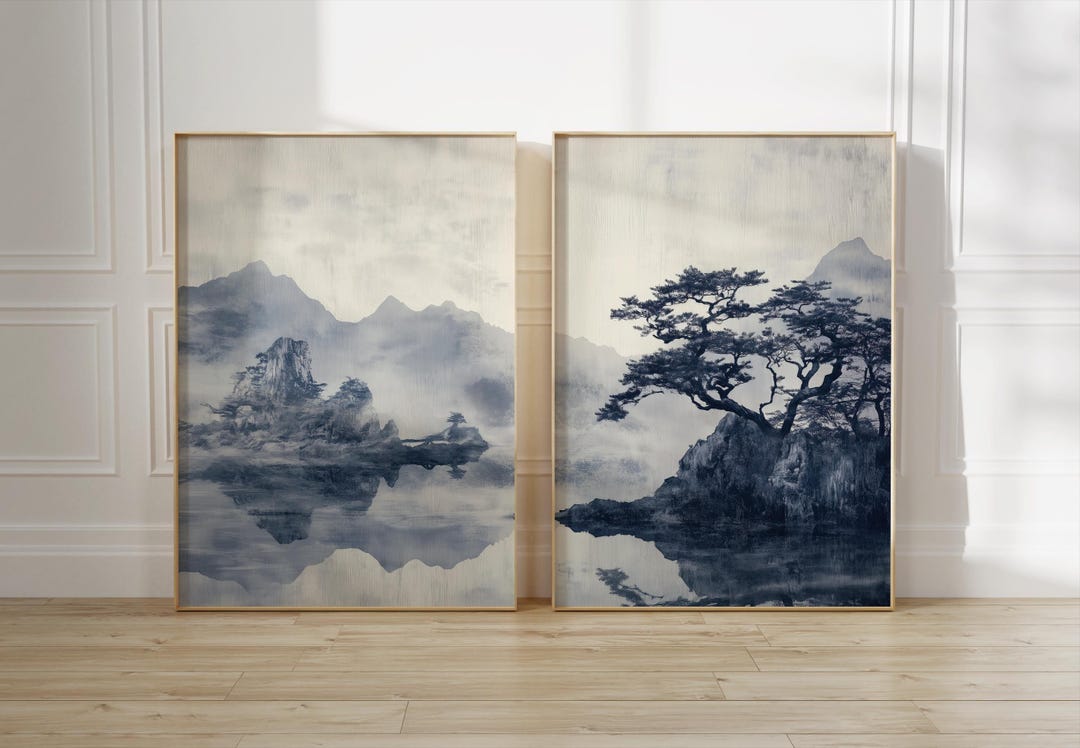 Light Blue Japandi Wall Art Set of 2, Japanese Landscape Printable ...