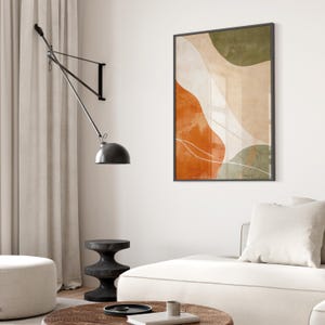 A refined piece of abstract Japandi wall art, showcasing calming organic shapes in shades of serene green, warm orange, and soft beige. This ready-to-print art piece comes in all common sizes, perfect for adding a touch of brightness to walls.