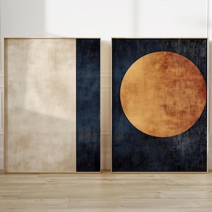 Utskrivbar Japandi-väggkonst, set med 2, blå och beige abstrakt japansk dag- och nattdiptyk, minimalistisk skandinavisk affisch, direktnedladdning