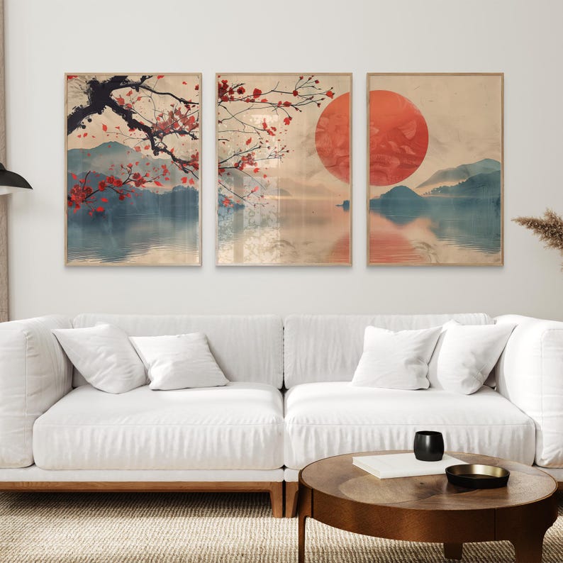 Cherry Blossom Wall Art Set of 3, Zen Japandi Wall Decor, Warm ...