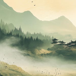 Close-up of Japandi wall art featuring an olive-green landscape with a serene lake and a traditional Japanese town. This set of three is inspired by Japandi minimalism, this vertical wall art is ready to be printed in all common sizes.