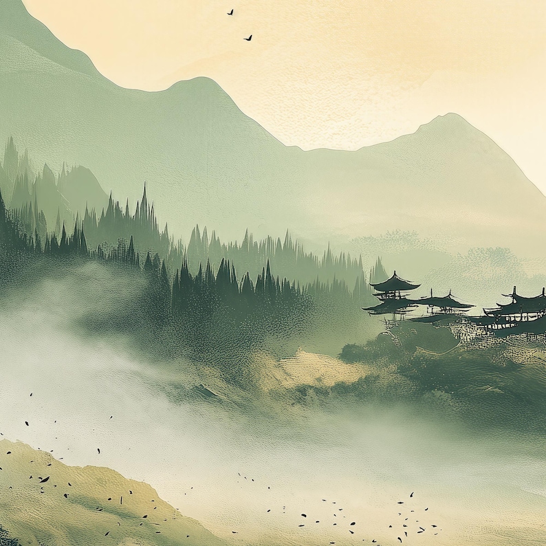 Close-up of Japandi wall art featuring an olive-green landscape with a serene lake and a traditional Japanese town. This set of three is inspired by Japandi minimalism, this vertical wall art is ready to be printed in all common sizes.