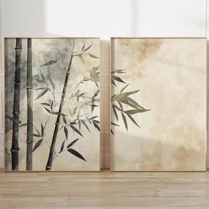 Japandi Bamboo Wall Art Set of 2, Soft Green Minimalist Zen Nature Print, Japanese Sumi-e Digital Download, Wabi-Sabi Spring Summer Decor
