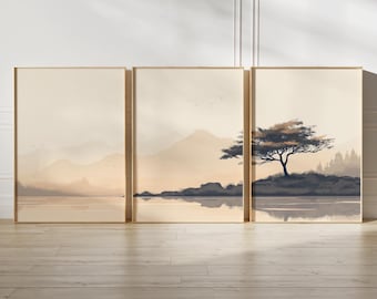 Japandi Landschafts-Wandbild-Set (3-teilig), neutrale japanische Baum- und Seemotive (druckbar)