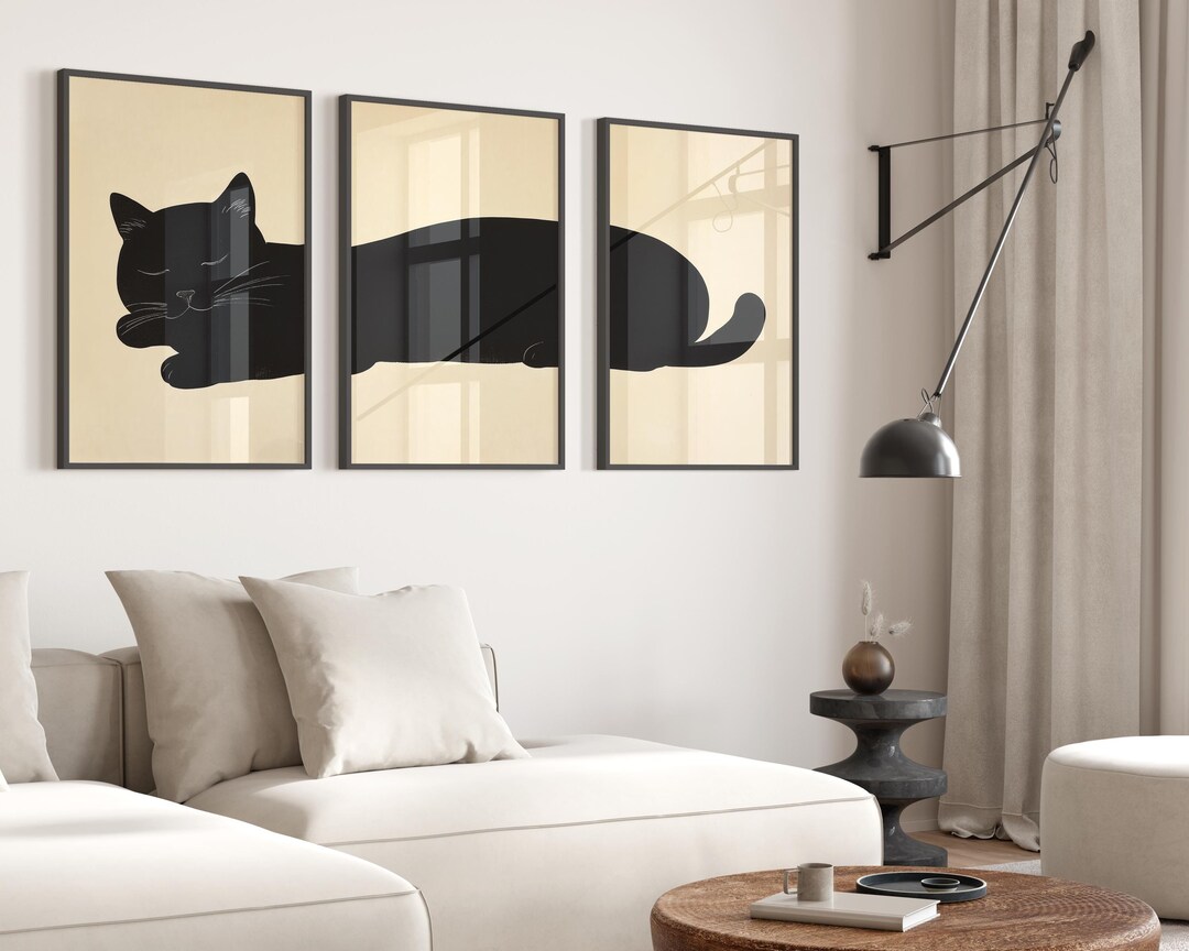 Minimalist Japandi Black Cat Wall Art Set of 3, Neutral Japanese Animal ...