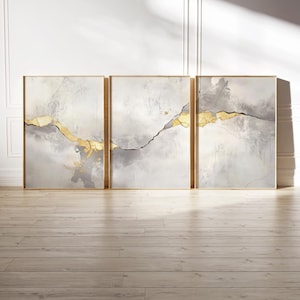 Set di 3 decorazioni murali Kintsugi, arte stampabile Wabi-Sabi, download digitale minimalista Japandi grigio e oro, decorazione murale con texture crepata dorata