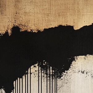 Close-up of minimalist abstract triptych featuring earthy beige and black tones with textured brushstrokes and dripping ink effect, evoking Japandi style.