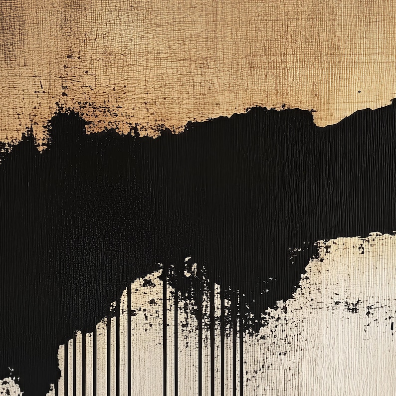Close-up of minimalist abstract triptych featuring earthy beige and black tones with textured brushstrokes and dripping ink effect, evoking Japandi style.