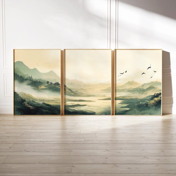 Japandi Olive Green Wall Art Set of 3, Japanese Traditional Town Landscape Printable Gallery Art, Dark Green Office Decor, Instant Download