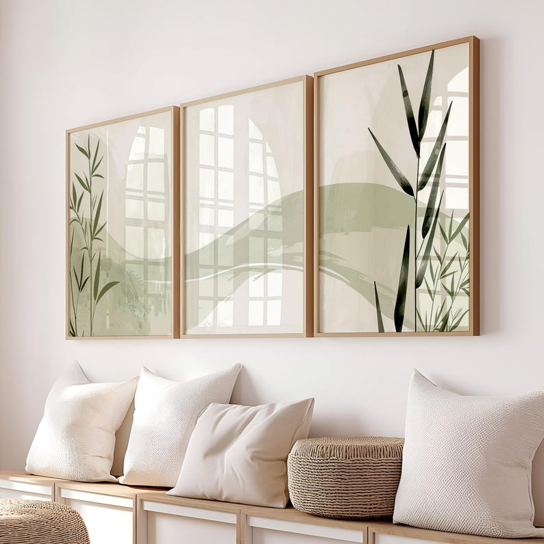 Set of 3 bamboo wall art prints in modern interior, soft green abstract botanical decor, minimalist Japandi style