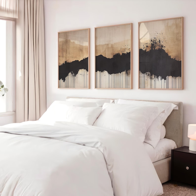 Juego de 3 piezas de arte mural abstracto japonés, tríptico imprimible en beige neutro y negro, decoración minimalista con paisaje texturizado, descarga instantánea imagen 3