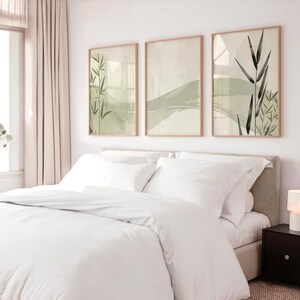 Japandi bamboo wall art in bedroom, calm green botanical prints set of 3, minimalist zen decor above bed