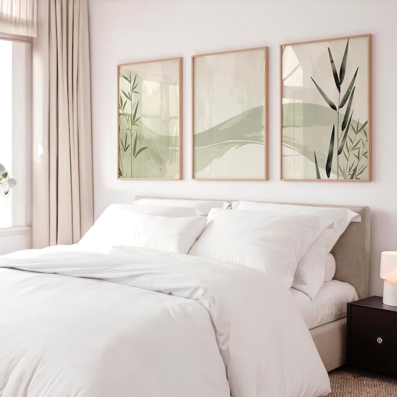 Japandi bamboo wall art in bedroom, calm green botanical prints set of 3, minimalist zen decor above bed