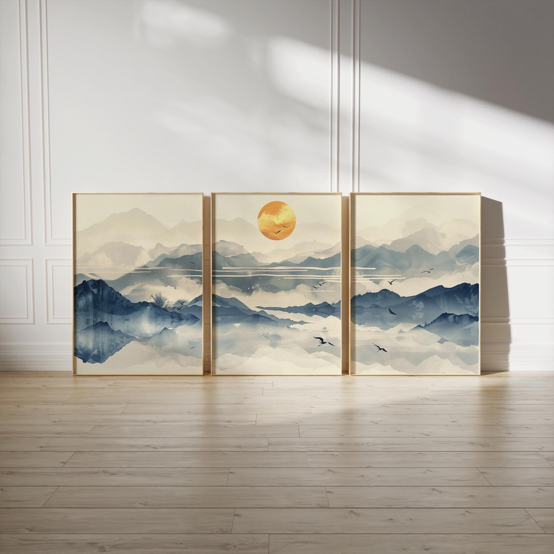 Minimalist Japandi Wall Art Set of 3, Blue & Yellow Japanese Mountain ...