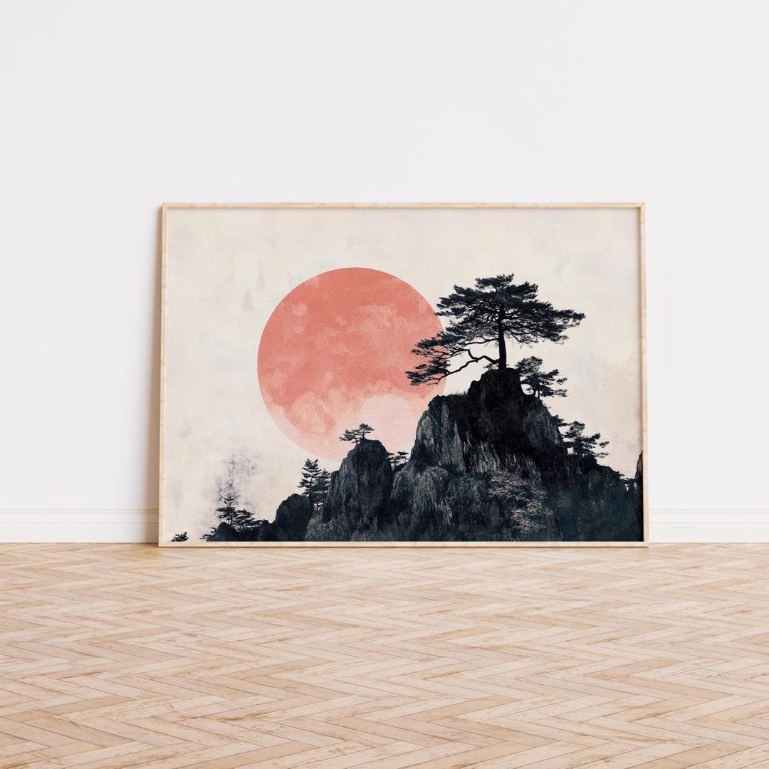 Japandi Landscape Wall Art Printable, Minimalist Zen Mountain and Red ...