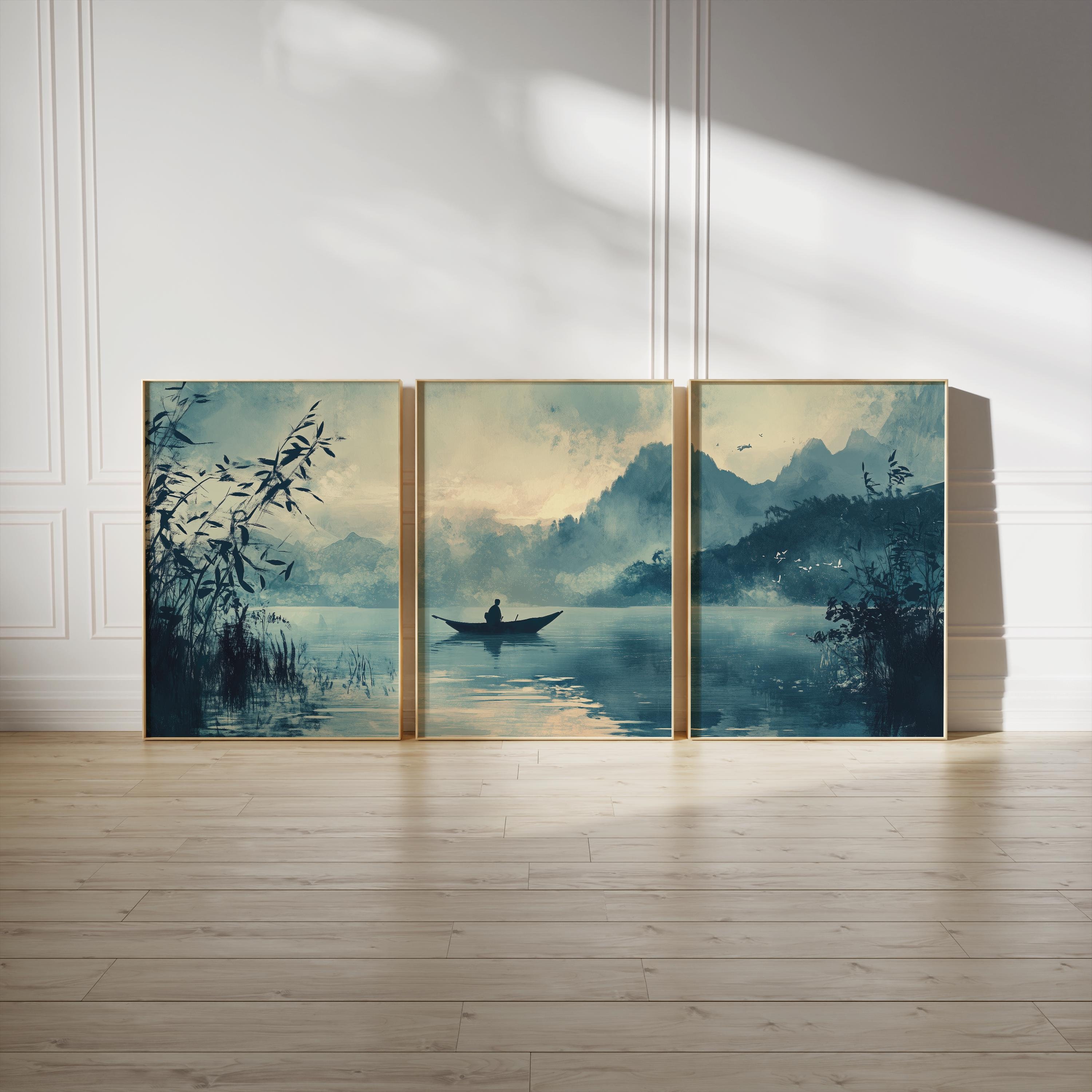 Blue-toned Japandi Wall Art Set of 3, Calm Japanese Landscape Printable ...