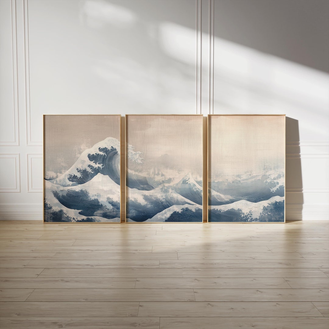 Blue Waves Japandi Wall Art Set of 3, Light Japanese Abstract Printable ...