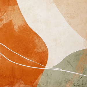 Close-up of abstract Japandi wall art, showcasing calming organic shapes in shades of serene green, warm orange, and soft beige. This ready-to-print art piece comes in all common sizes, perfect for adding a touch of brightness to walls.