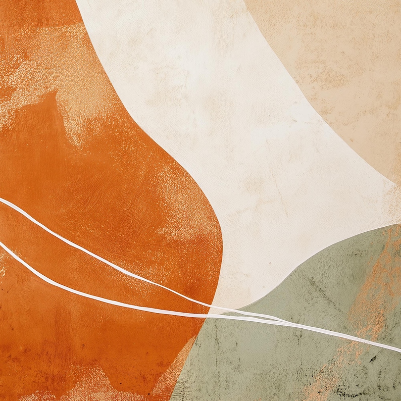 Close-up of abstract Japandi wall art, showcasing calming organic shapes in shades of serene green, warm orange, and soft beige. This ready-to-print art piece comes in all common sizes, perfect for adding a touch of brightness to walls.