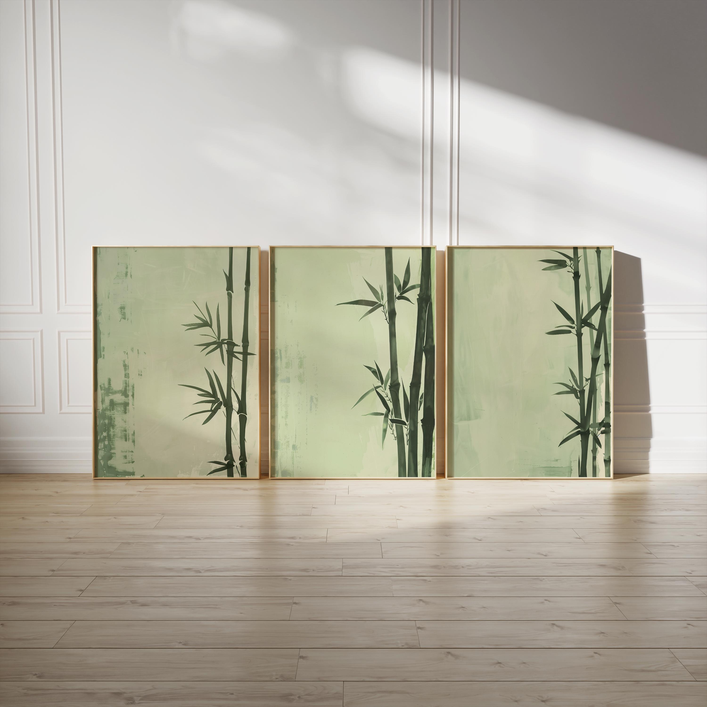 Japandi Bamboo Wall Art Set of 3 | Minimalist Botanical Triptych