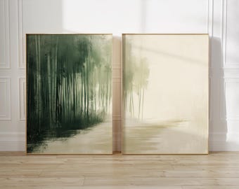 Green Japandi Wall Art Set of 2, Japanese Bamboo Forest Printable, Nature Scandi Poster, Minimalist Earthy Asian Decor, Instant Download