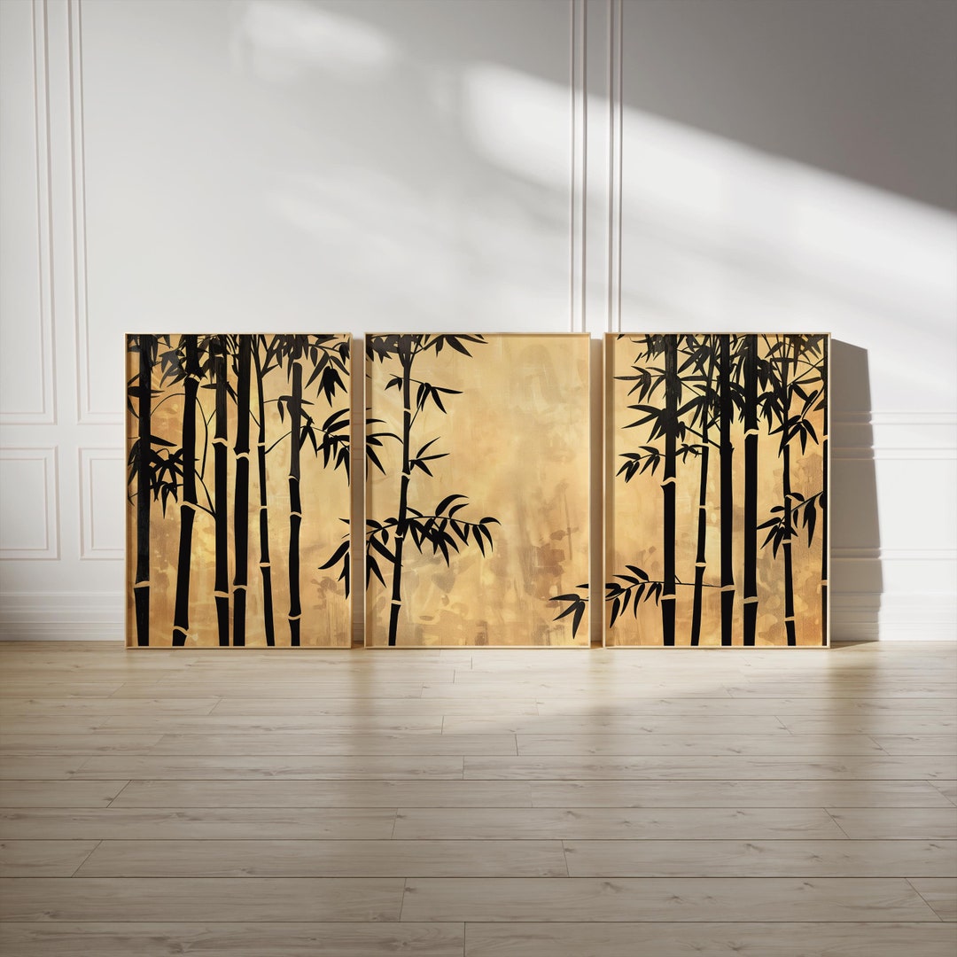 Japandi Black & Gold Wall Art Set of 3, Minimalist Japanese Bamboo ...