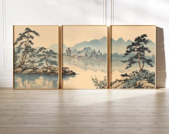 Japandi Woodschnitt Wandkunst 3er-Set - Japanische Landschaftsdrucke, Kiefernbaum-Tintenkunst, digitaler Download für Zen-Wohnkultur