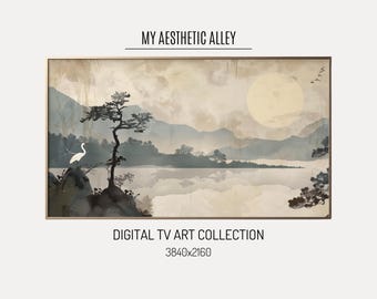 Arte para TV Samsung con marco de grúa japonesa: Paisaje de montaña zen (descarga digital)
