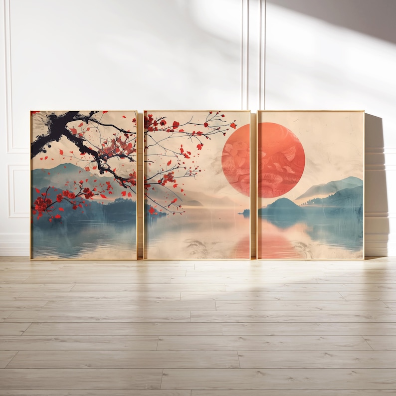 Cherry Blossom Wall Art Set of 3, Zen Japandi Wall Decor, Warm ...