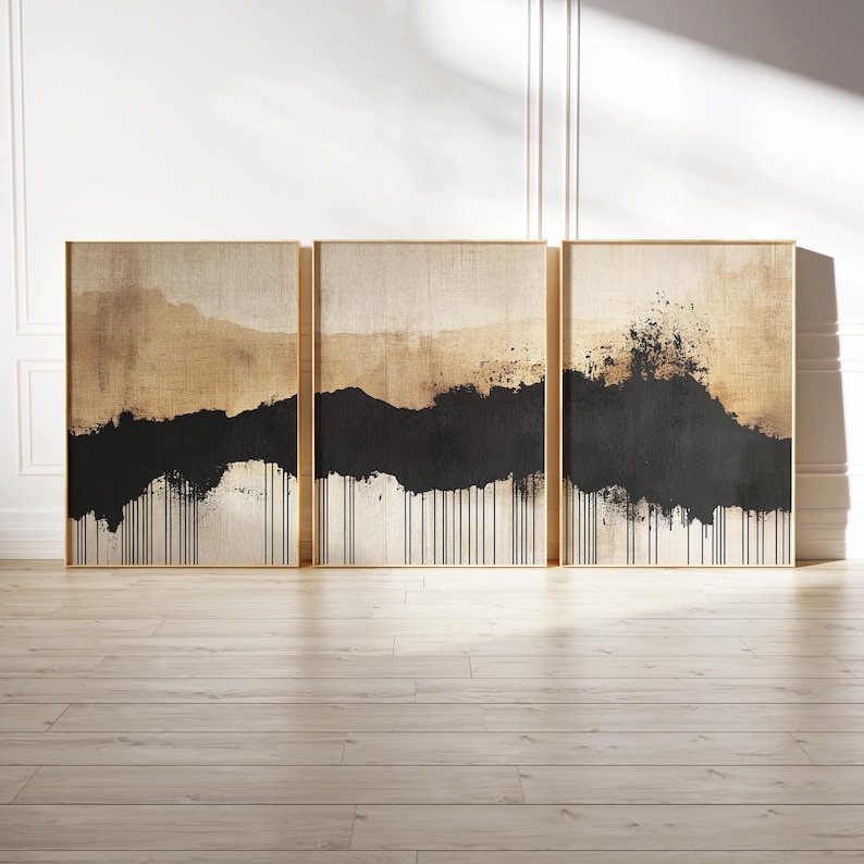 Juego de 3 piezas de arte mural abstracto japonés, tríptico imprimible en beige neutro y negro, decoración minimalista con paisaje texturizado, descarga instantánea imagen 1