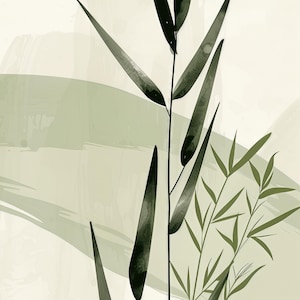 Close up of bamboo botanical print, soft green watercolor texture, minimalist zen wall art detail