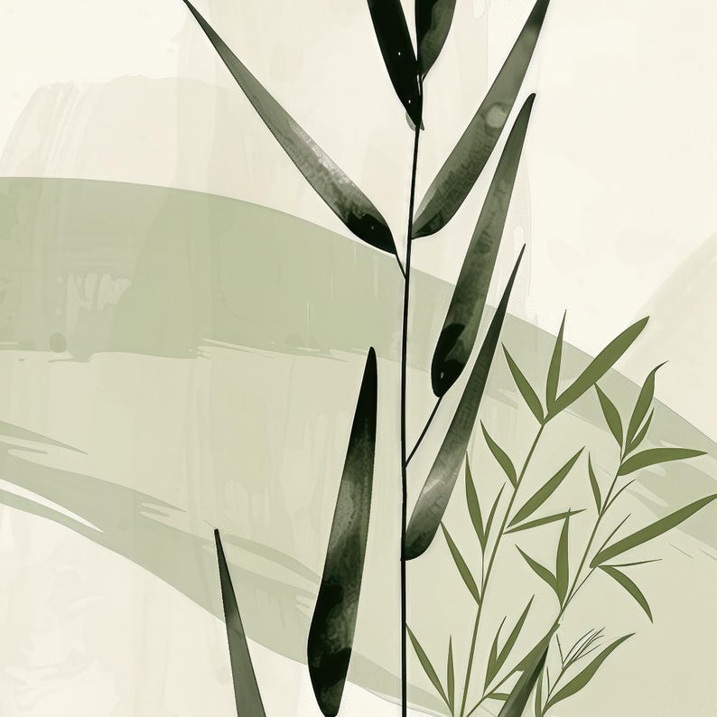 Close up of bamboo botanical print, soft green watercolor texture, minimalist zen wall art detail