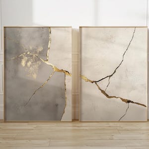 Minimalistisches Kintsugi Wand Kunst Set von 2, goldene Akzente auf hell- & dunkelgrauem Hintergrund zum ausdrucken, modernes Wabi Sabi Poster, Sofort Download