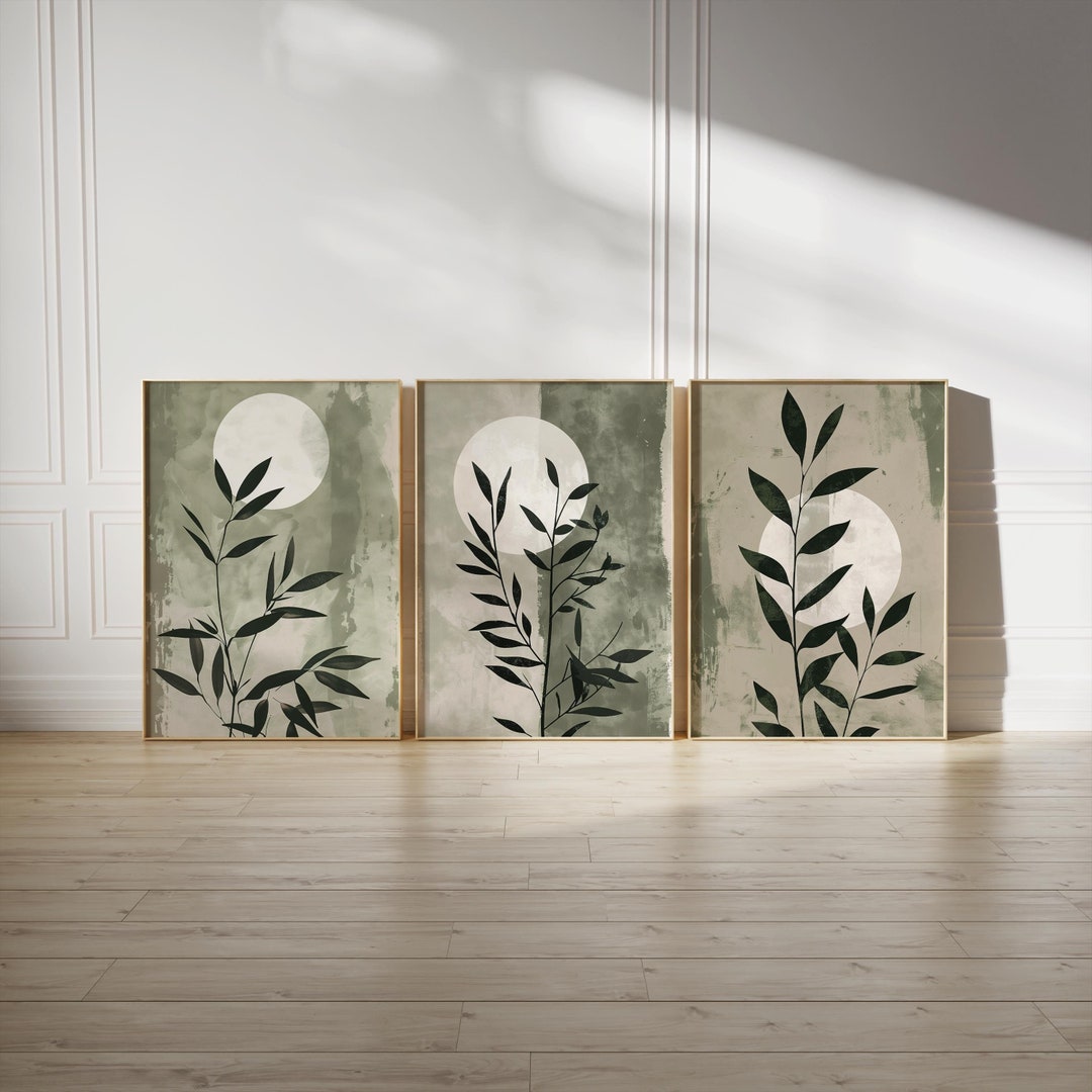 Minimalist Japandi Set of 3 Wall Art, Abstract Sage Green Plant & Moon ...