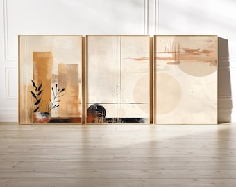 Japandi Style Beige & Brown Wall Art Set of 3, Minimalist Japanese Printable Art, Abstract Neutral Colors Plants and Sun, Instant Download