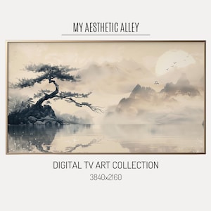 Japandi Samsung Frame TV Art, Neutral Japanese Moody Landscape TV Art, Tree at Lake Minimalist Room Decor, Zen Screensaver, Digital TV Art